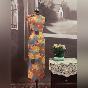 Floral Mandarin Collar Maxi Dress in Blue and Orange